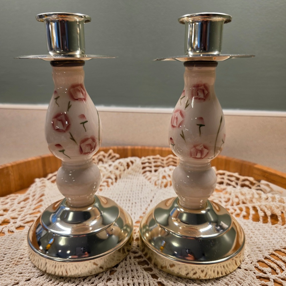 Ceramic Tapered Candlestick Holders Set of 2, 7" Pink Rose Floral Home Interiors